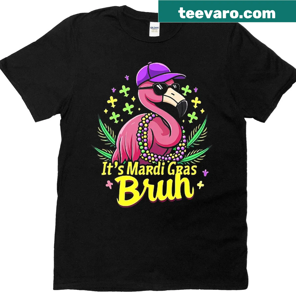 Fun Mardi Gras T-shirt featuring a whimsical flamingo — on a men's t-shirt