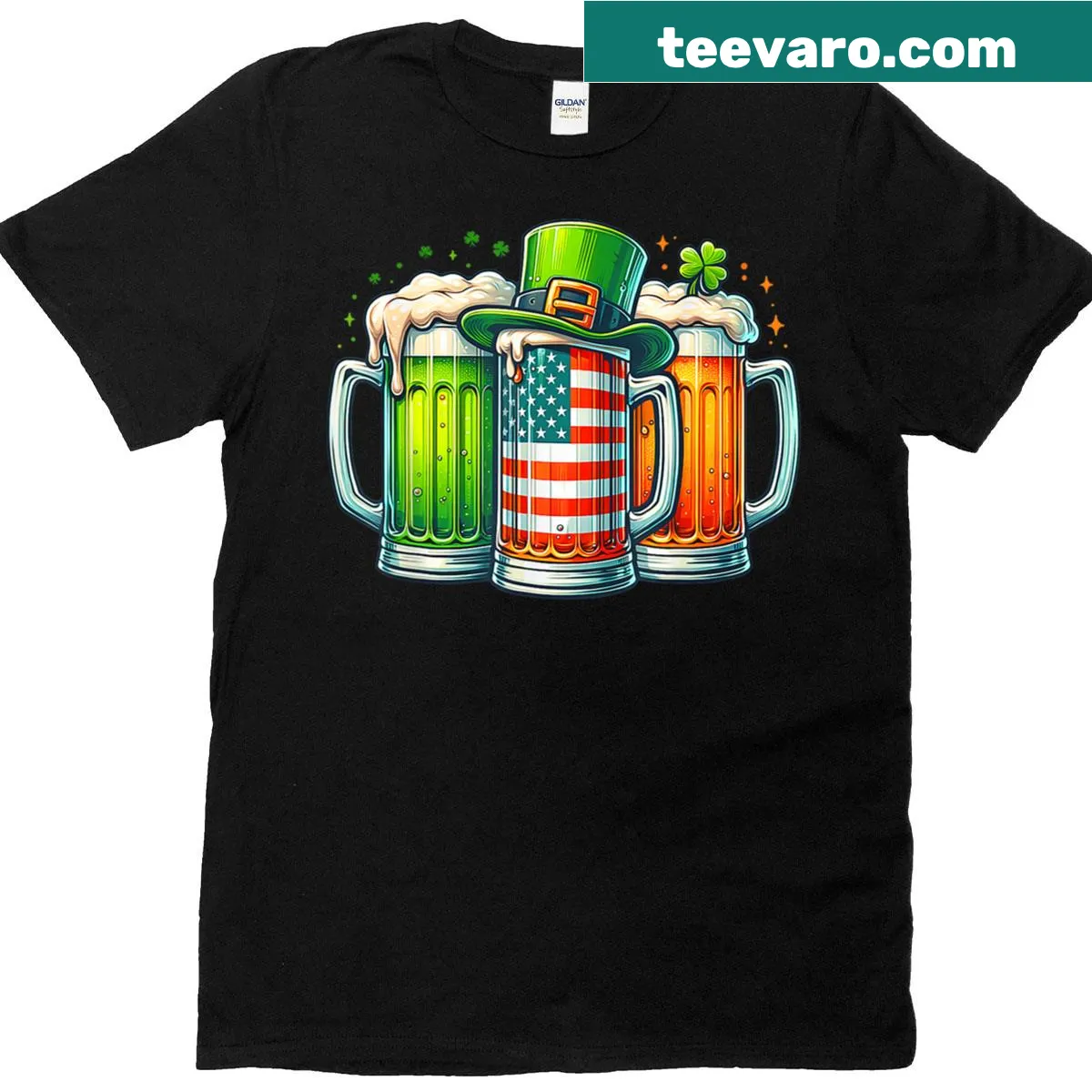 Graphic tee for St. Patrick's Day with beer and Irish symbols — on a men's t-shirt