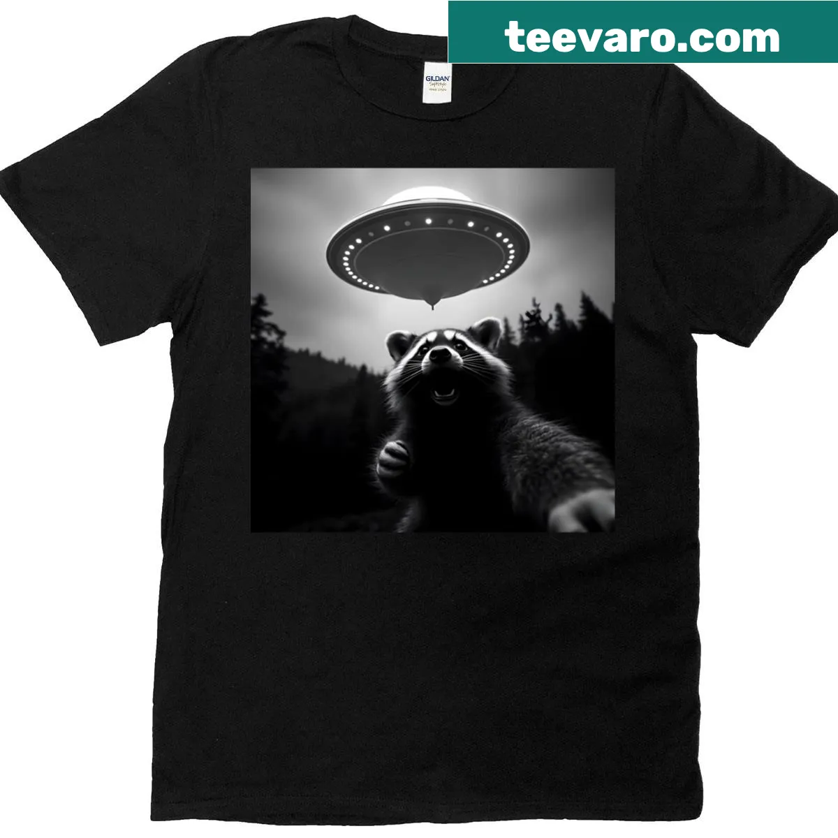 Monochrome raccoon surprised by UFO in a whimsical selfie design — on a men's t-shirt