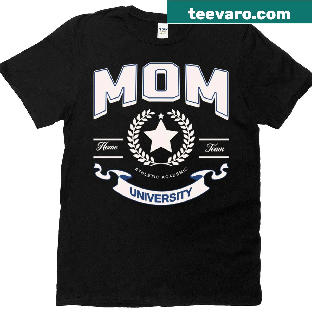 Home Team Mom T-shirt with varsity-style typography — on a men's t-shirt