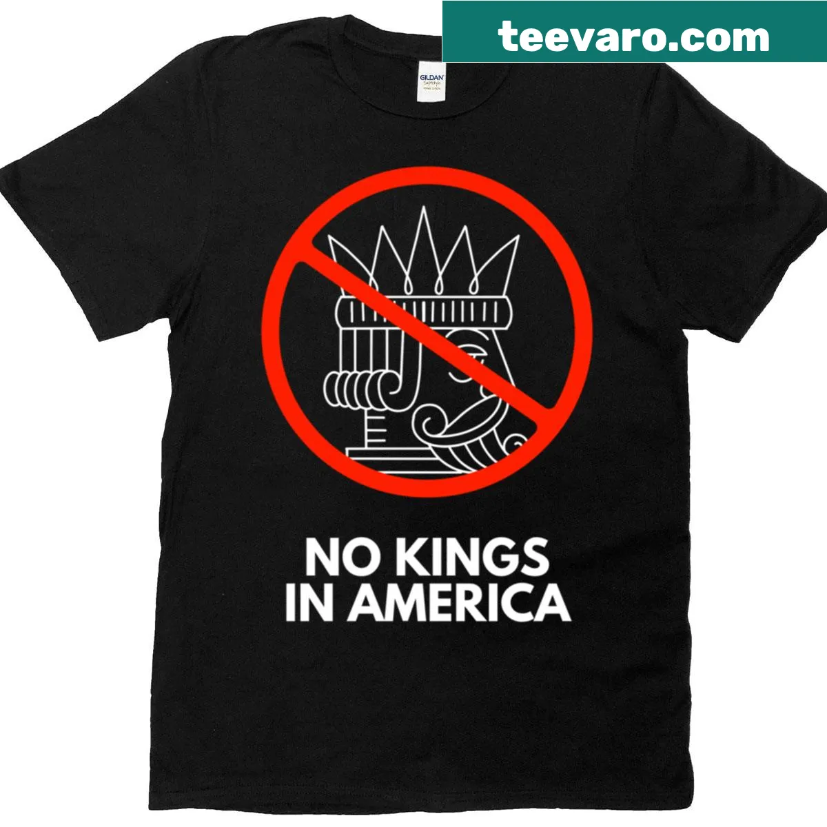 Bold typography stating 'No Kings in America' on a patriotic T-shirt — on a men's t-shirt