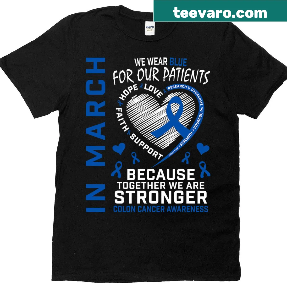 Supportive T-shirt for nurses promoting colon cancer awareness — on a men's t-shirt