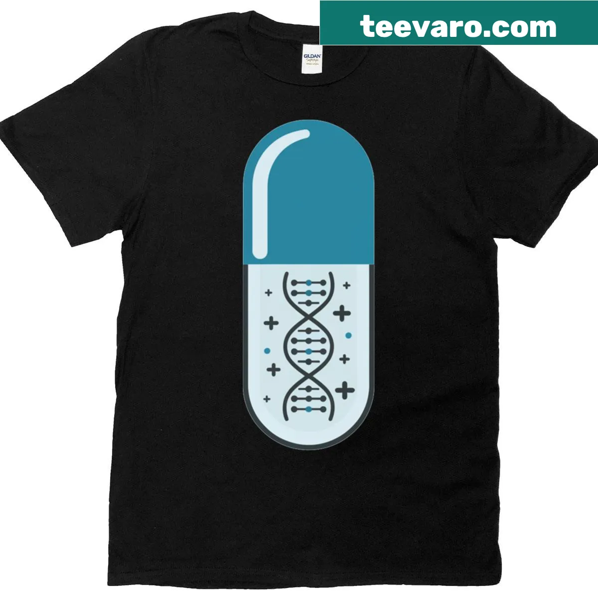 Informative DNA-themed pharmacy t-shirt with clever text — on a men's t-shirt
