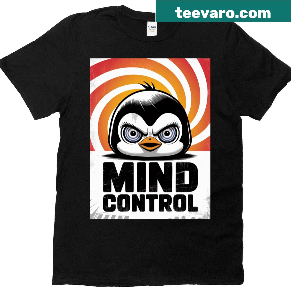 Mind control themed graphic t-shirt with playful text — on a men's t-shirt
