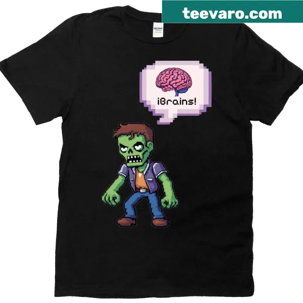 Pixel art T-shirt with cartoon zombies and brains thinking