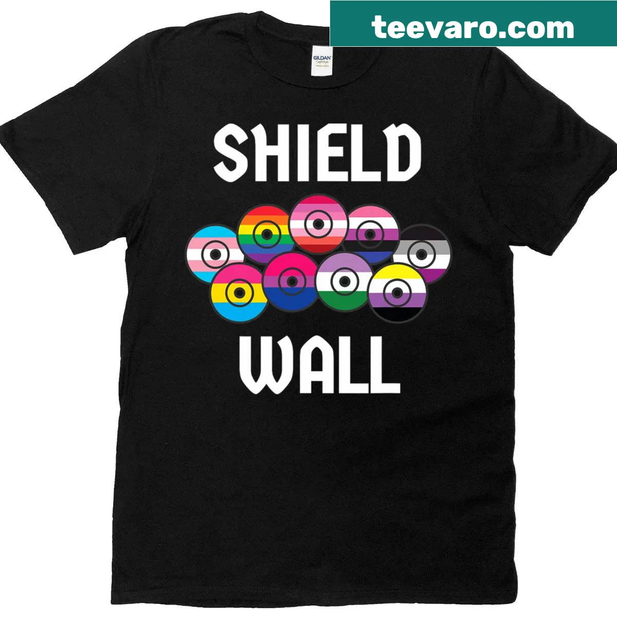 Viking shield design incorporating a pride flag for LGBTQ unity — on a men's t-shirt
