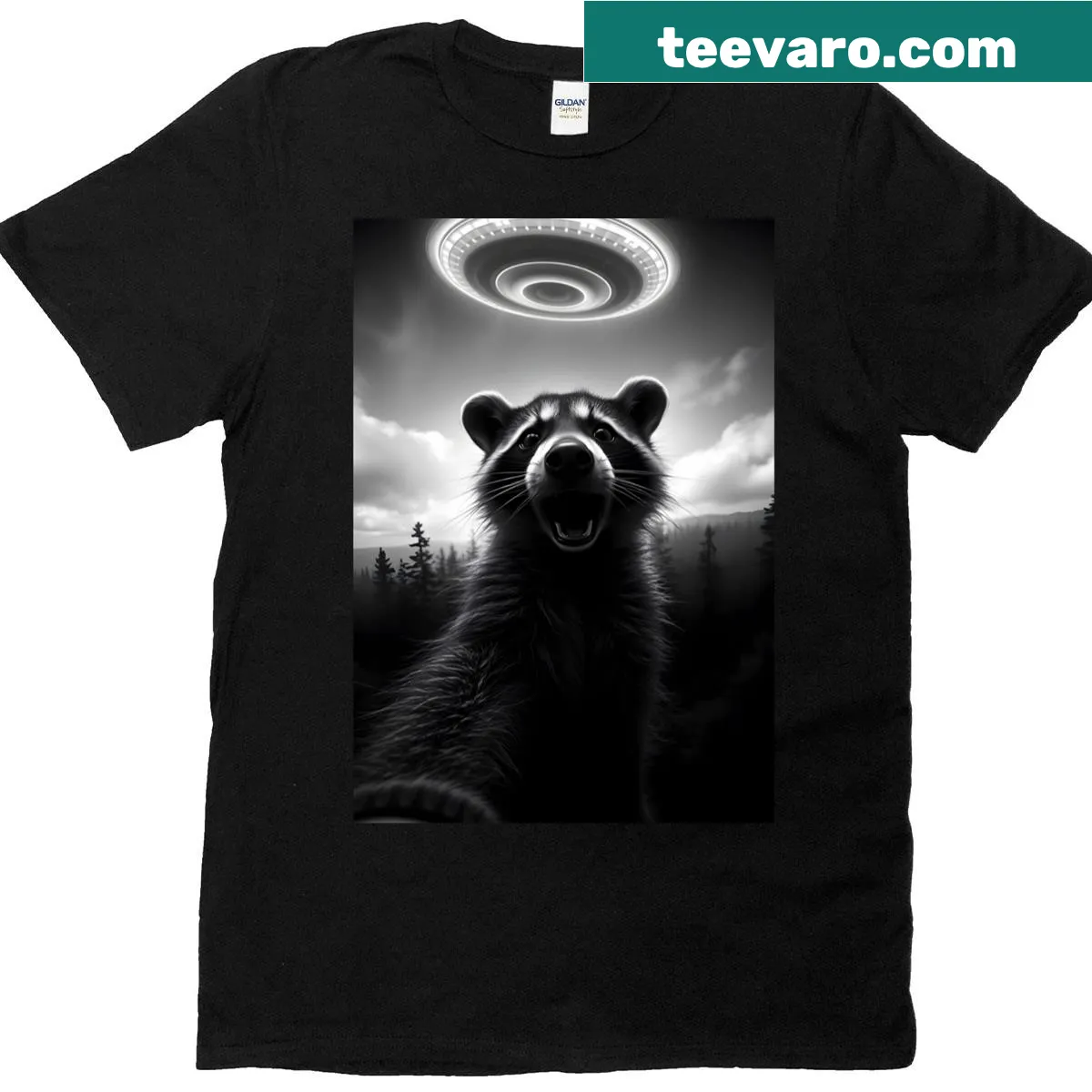 Monochrome T-shirt featuring a cartoon raccoon taking a selfie with a UFO — on a men's t-shirt