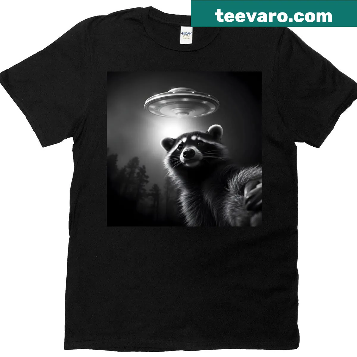 T-shirt featuring raccoon and alien selfie art in black and white — on a men's t-shirt