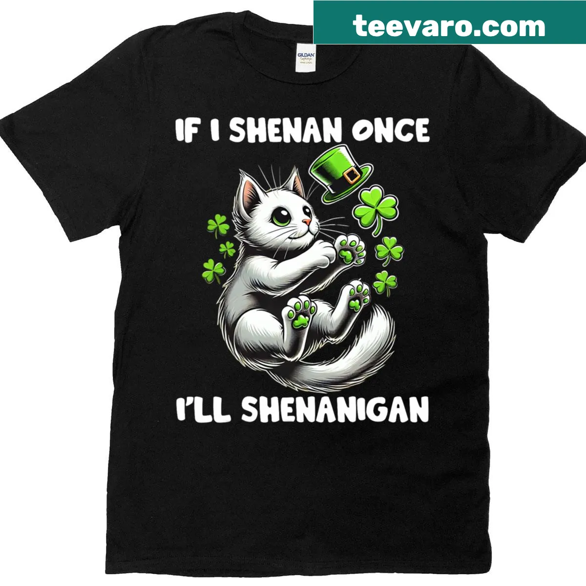 Cute St. Patrick's Day t-shirt featuring a playful cat with shamrocks — on a men's t-shirt