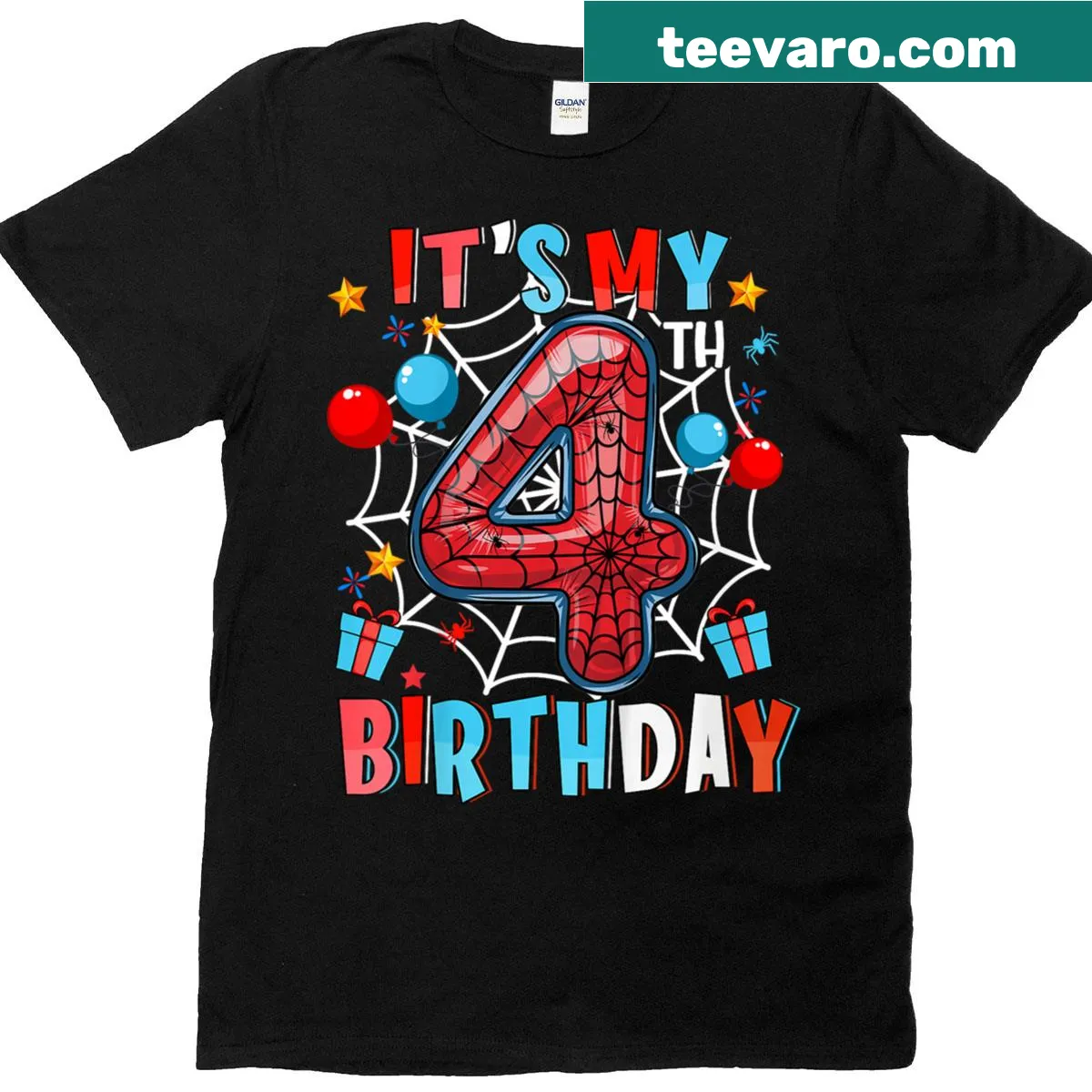 Spider web design T-shirt for boys turning 4 years old, perfect for birthday parties. — on a men's t-shirt