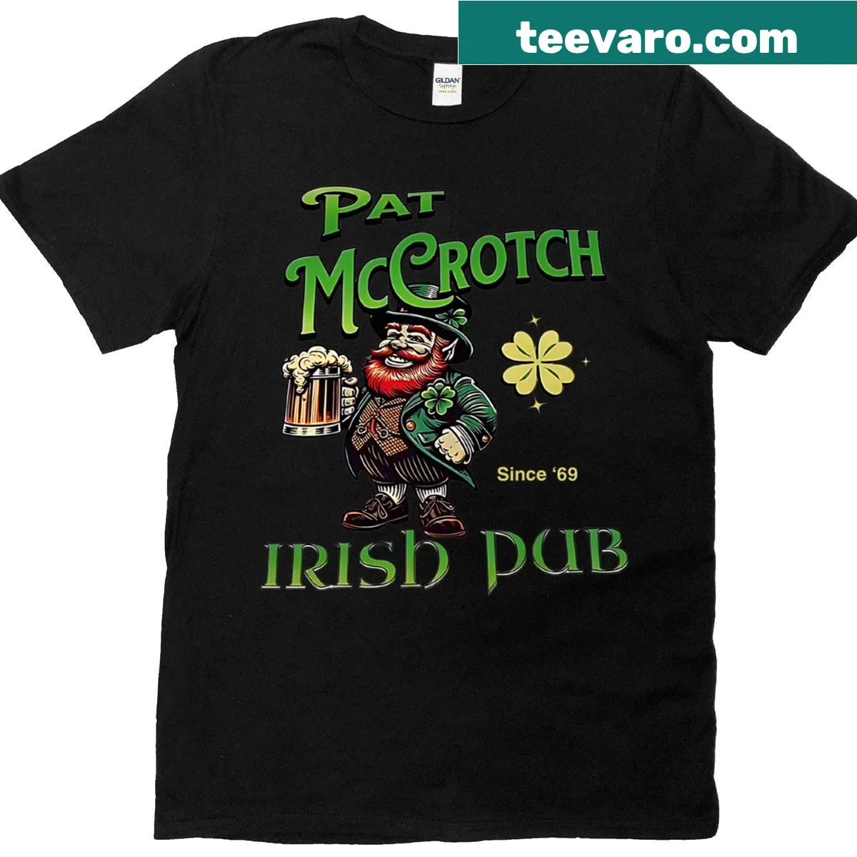 Humorous St. Patrick's Day T-shirt featuring a pub illustration and playful text — on a men's t-shirt