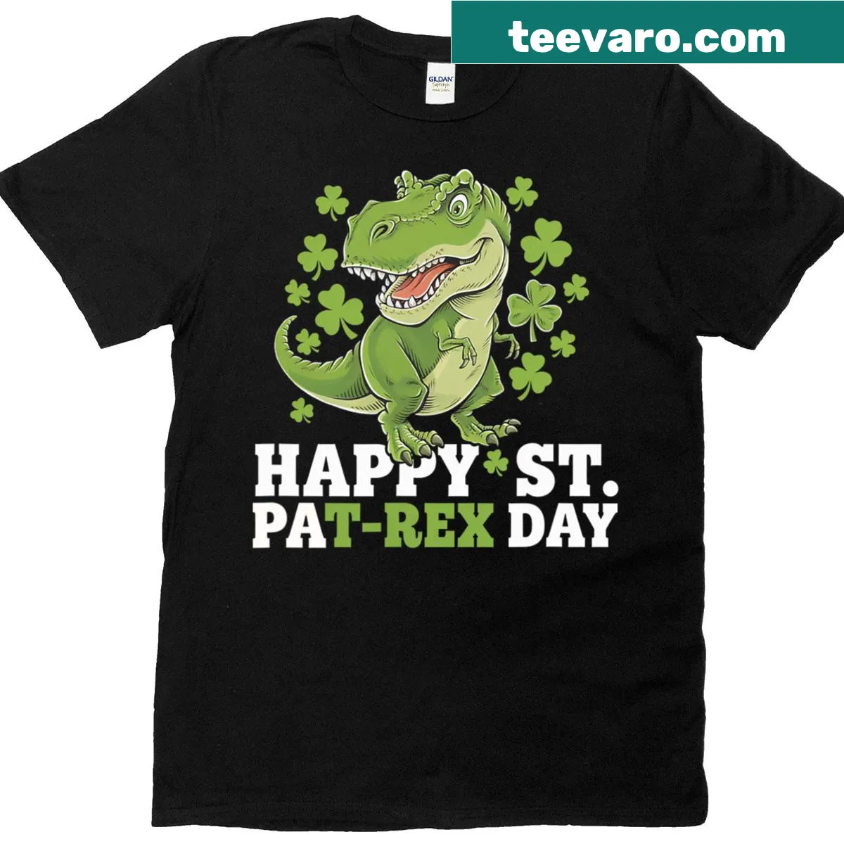 Cartoon T-Rex with shamrocks for St. Patrick's Day — on a men's t-shirt