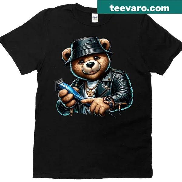 T-shirt featuring a teddy bear getting a haircut with clippers