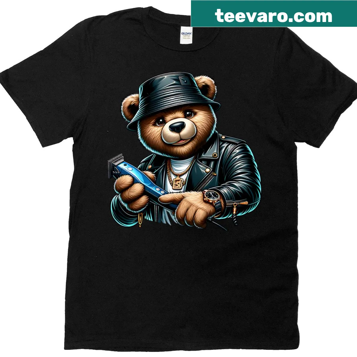 T-shirt featuring a teddy bear getting a haircut with clippers — on a men's t-shirt