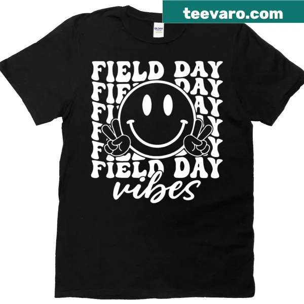 Playful t-shirt featuring 'Happy Field Day' text for teachers.