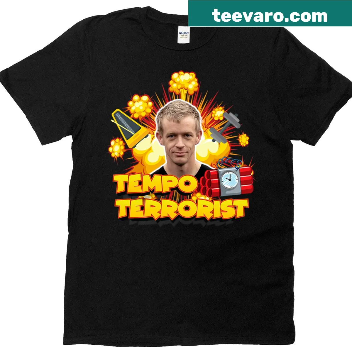 Music-themed t-shirt with DJ graphics and tempo phrase — on a men's t-shirt