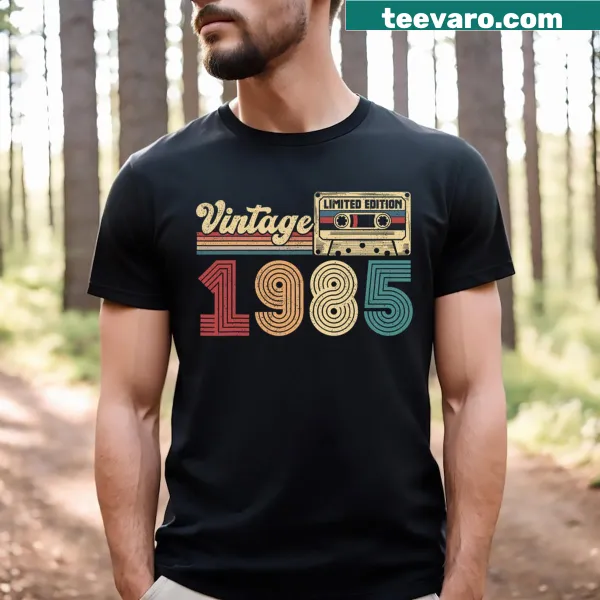 Vintage 1985 cassette tape graphic on a 40th birthday T-shirt
