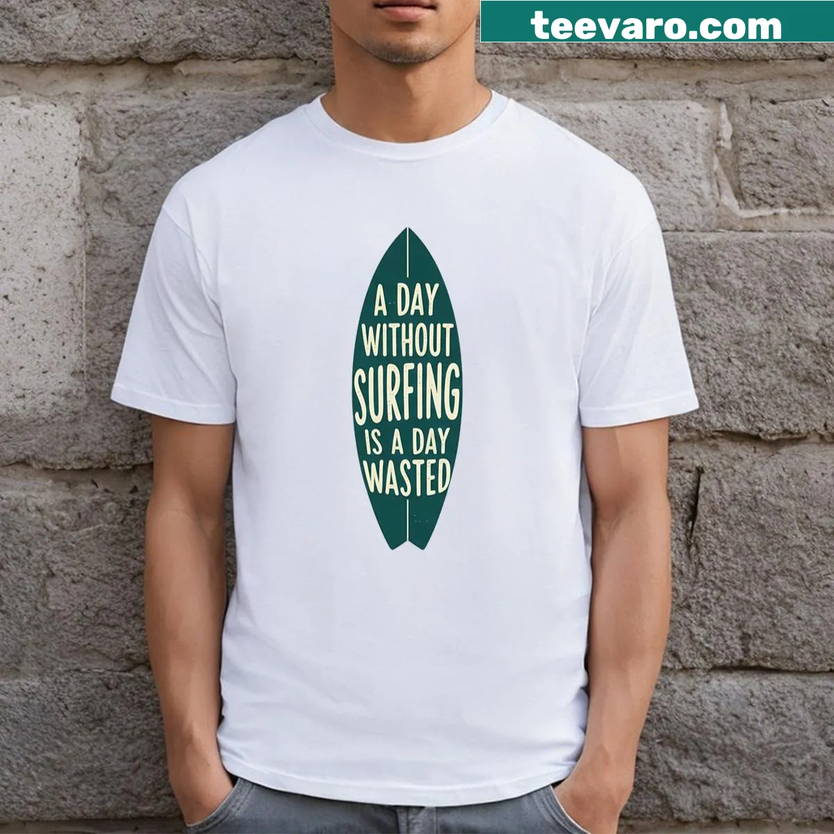 Surf-themed T-shirt featuring a playful surfboard graphic
