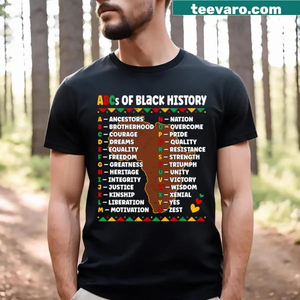 Educational T-shirt featuring the ABCs of Black history