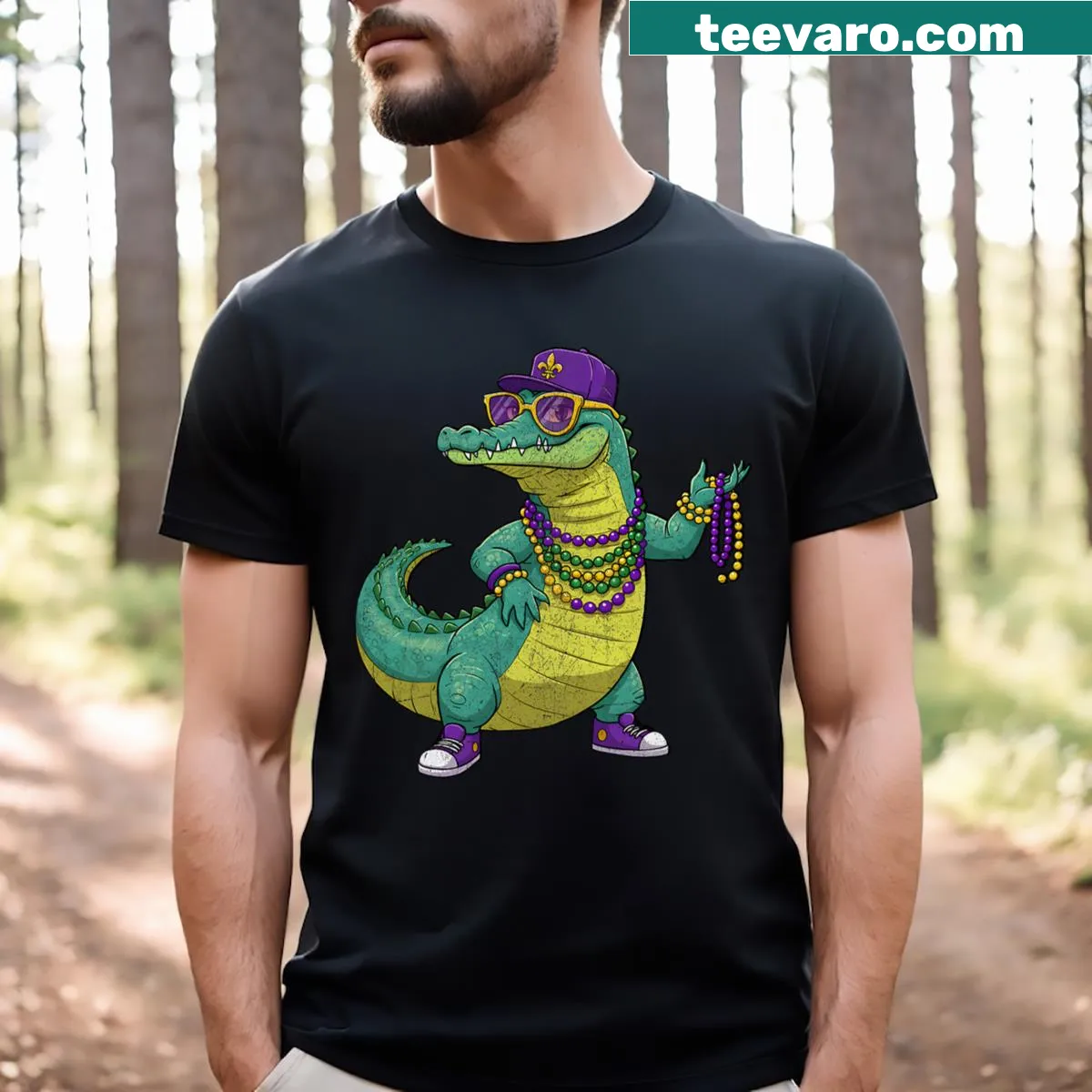 Playful T-shirt with alligator and crocodile Mardi Gras design