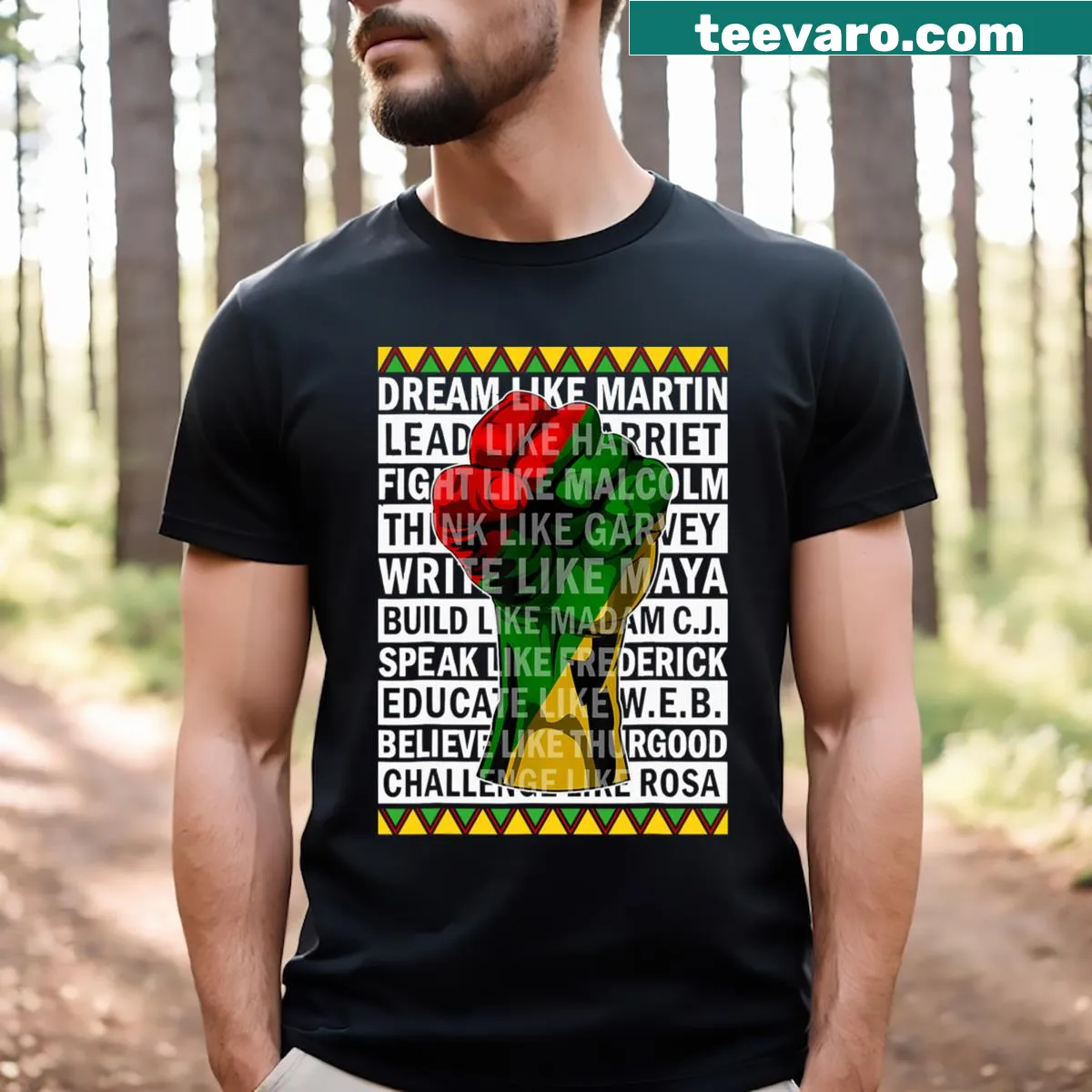 Inspirational T-shirt for men with 'Dream Like African Leader' text.