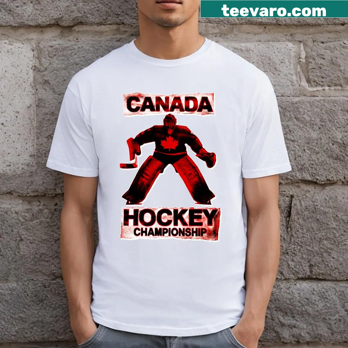 Vintage t-shirt featuring bold hockey goalie graphics celebrating Canadian hockey