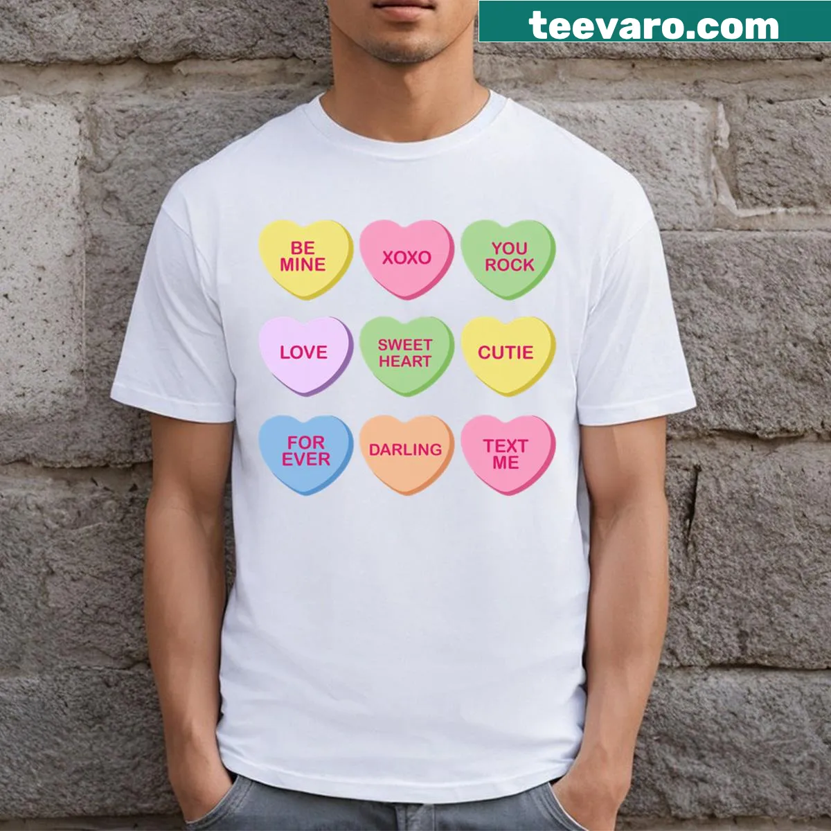 Valentine's Day t-shirt featuring cute illustrations of conversation hearts