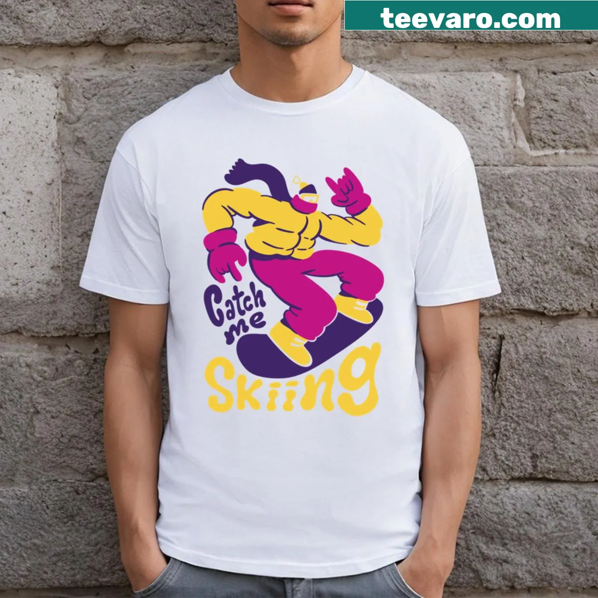 Catch Me Skiing graphic t-shirt with playful typography