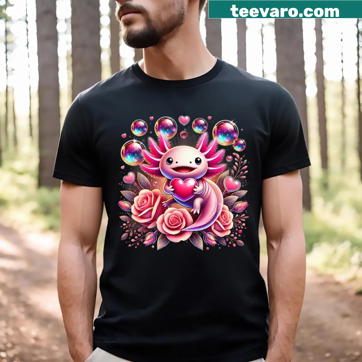 Cute Axolotl T-shirt holding a heart for Valentine's Day