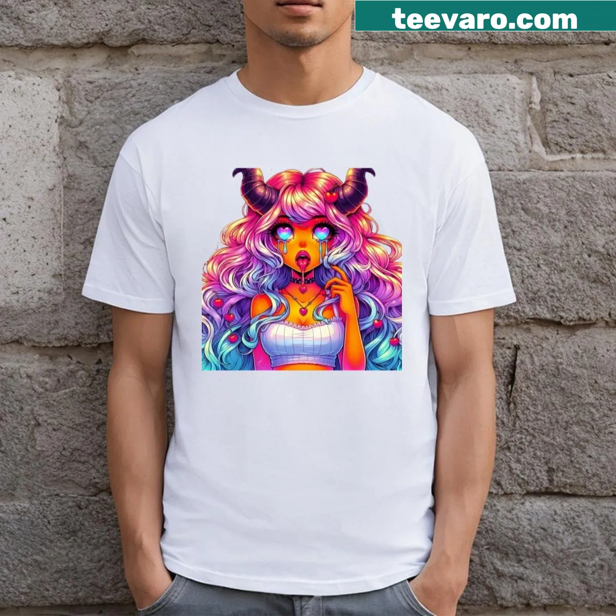 T-shirt with a whimsical rainbow demon babe design