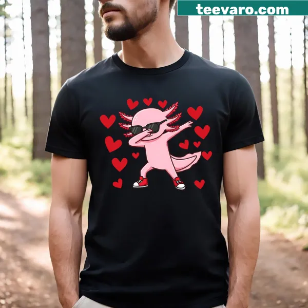 Dabbing axolotl graphic with heart design on kids' T-shirt