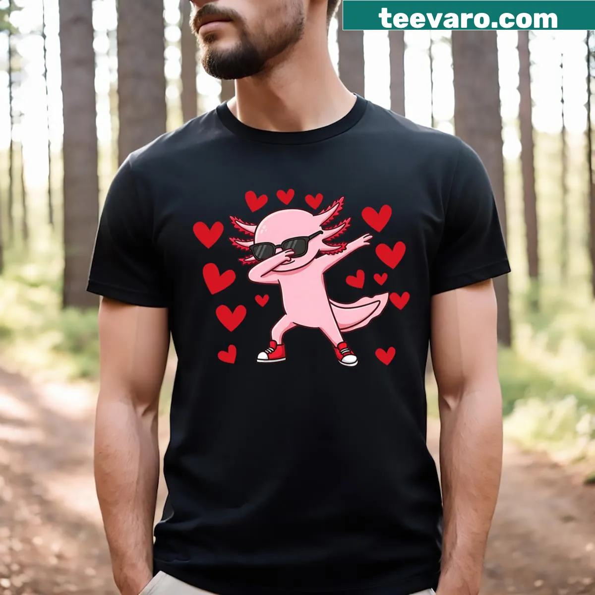 Dabbing axolotl graphic with heart design on kids' T-shirt