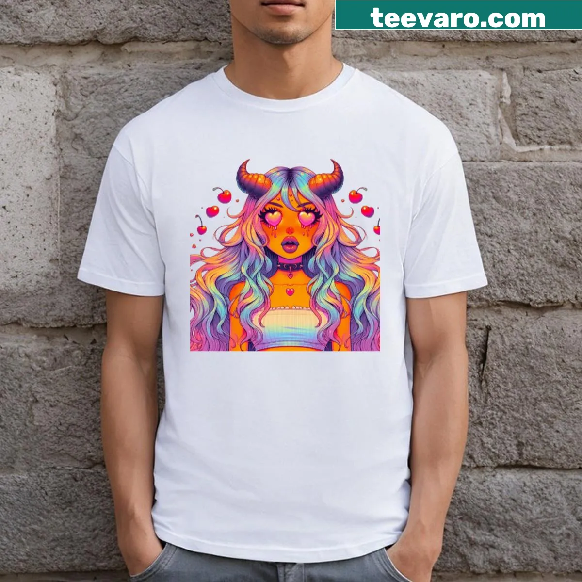 Graphic of a heart-eyed demon babe in playful style