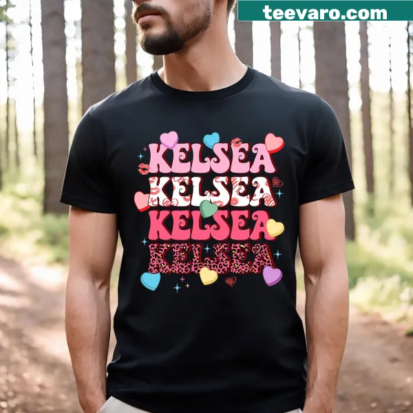 Personalized Kelsea name with cute hearts on Valentine's shirt