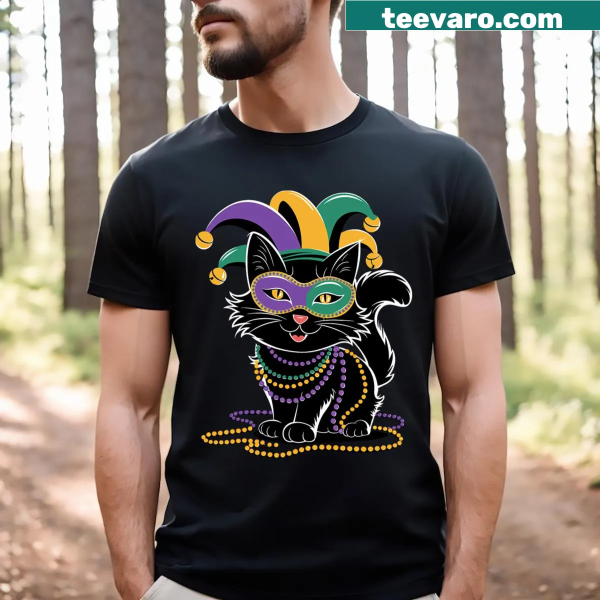 T-shirt with a cat in a Mardi Gras mask design