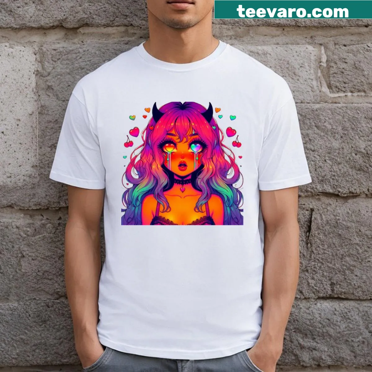 Cute demon character with heart eyes on a colorful T-shirt