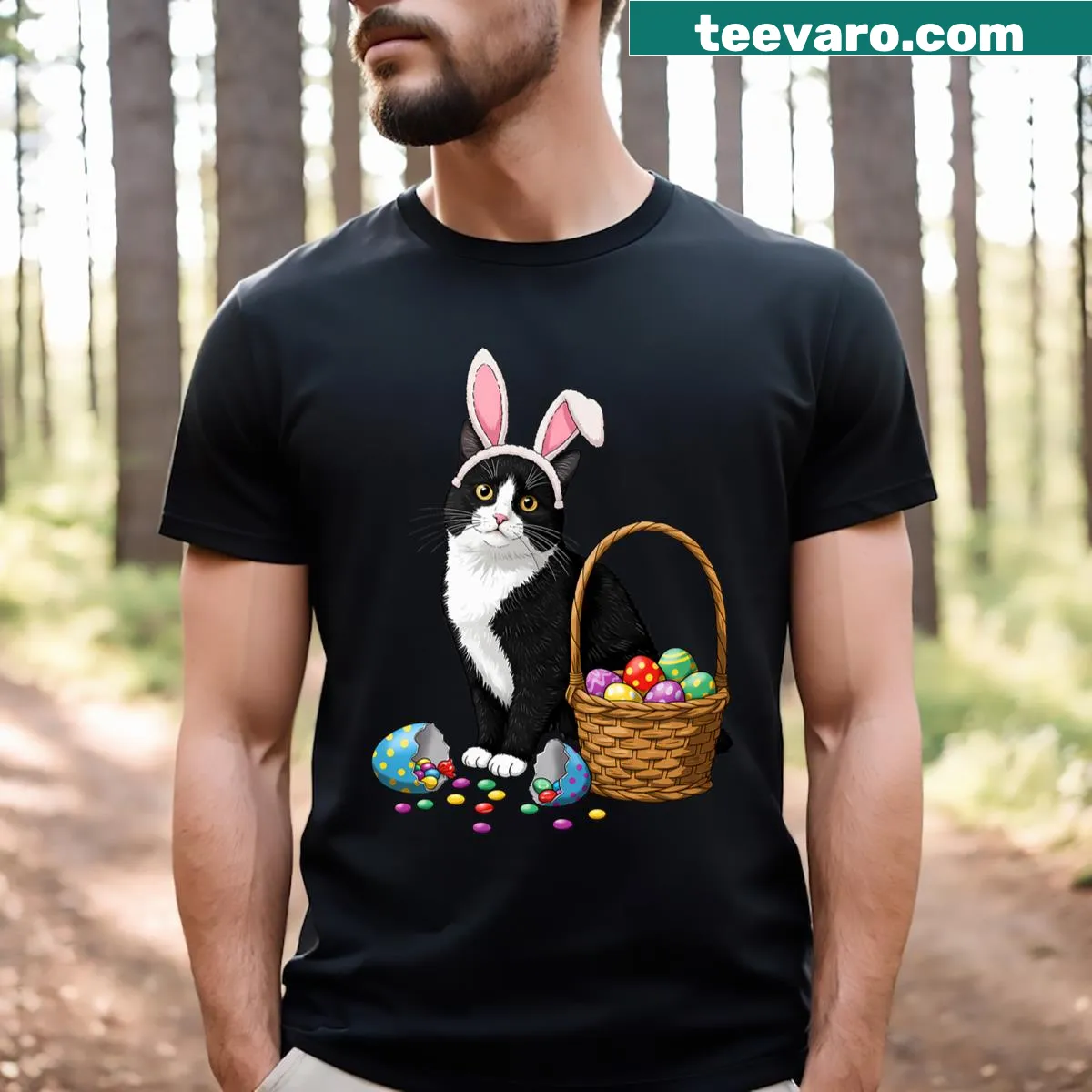 Fun Easter Day t-shirt with cat, bunny ears, and eggs graphic