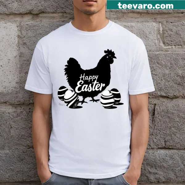 Cheerful Easter t-shirt with whimsical designs of bunnies and eggs.