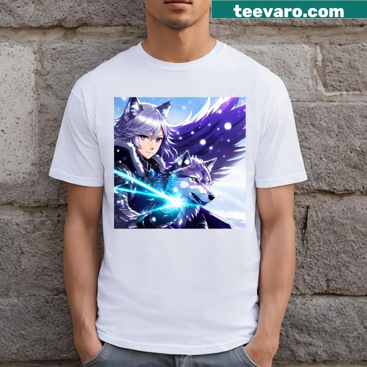 Illustrative t-shirt featuring a silver wolf and the figure Enili