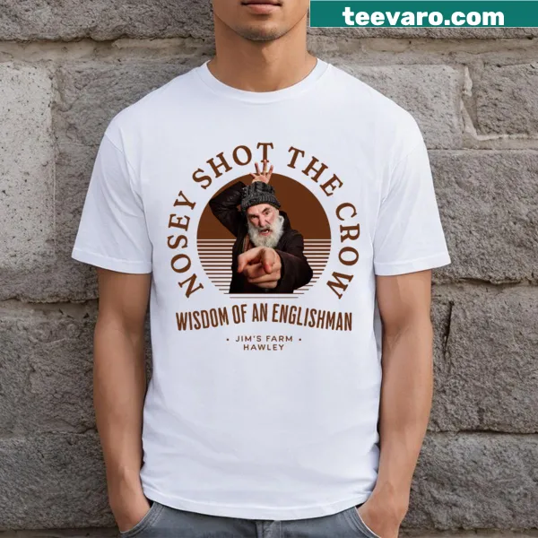 Illustration of Farmer Jim taking aim at a crow on a T-shirt