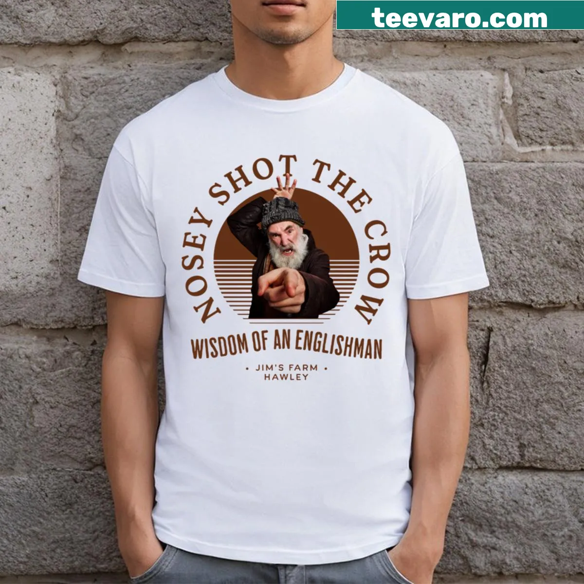 Illustration of Farmer Jim taking aim at a crow on a T-shirt