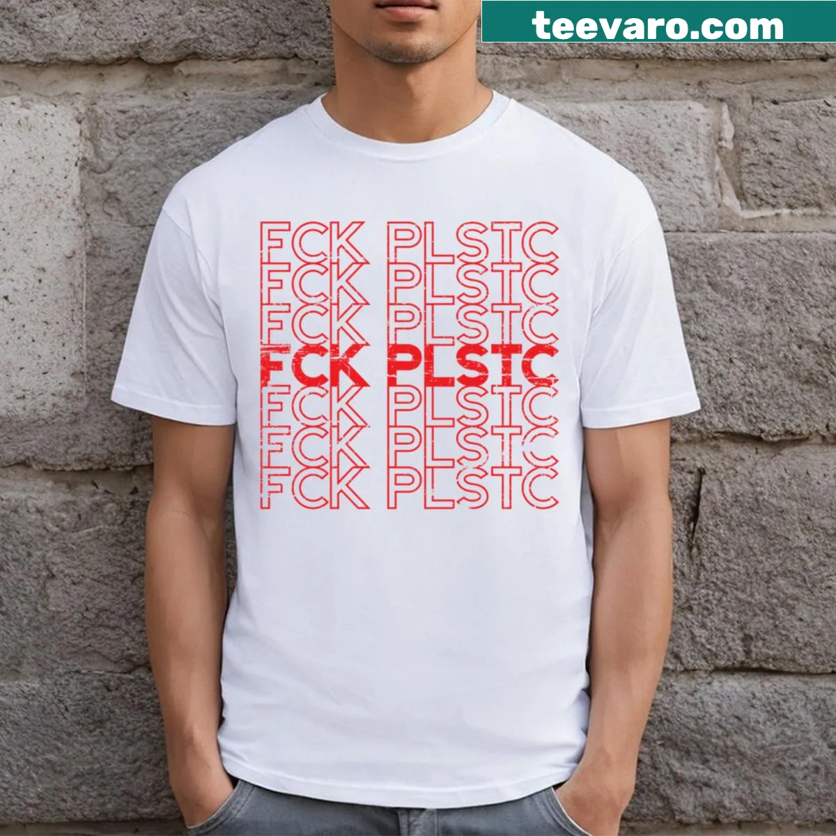 Bold typography saying 'Fck Plstc' on a T-shirt