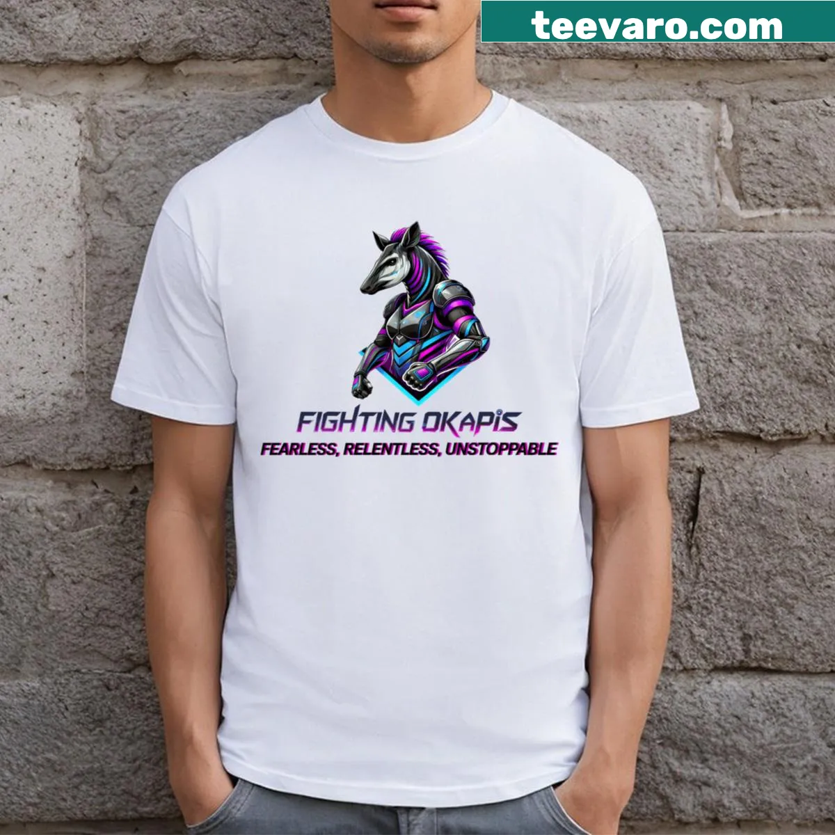 Cyberpunk-themed okapi graphic t-shirt for sports and fantasy fans