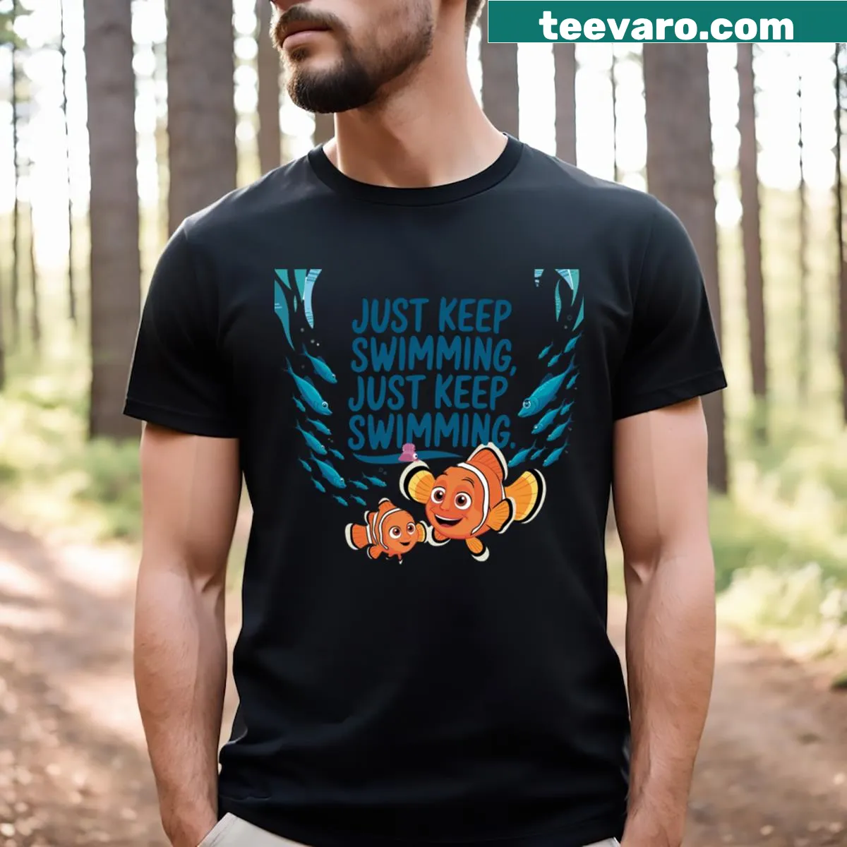 Finding Nemo t-shirt featuring the phrase Just Keep Swimming