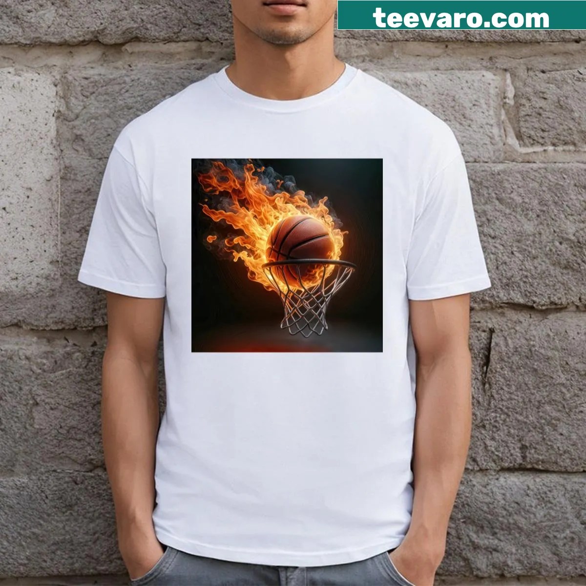 Illustration of a flaming basketball on a long T-shirt