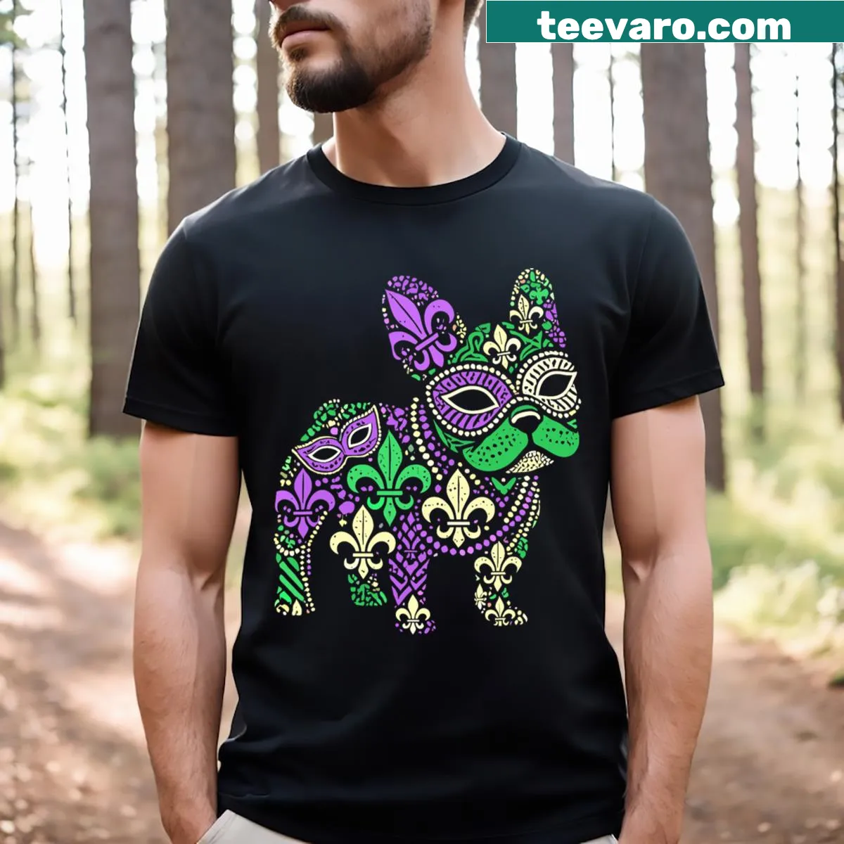 T-shirt with a French Bulldog in Mardi Gras attire