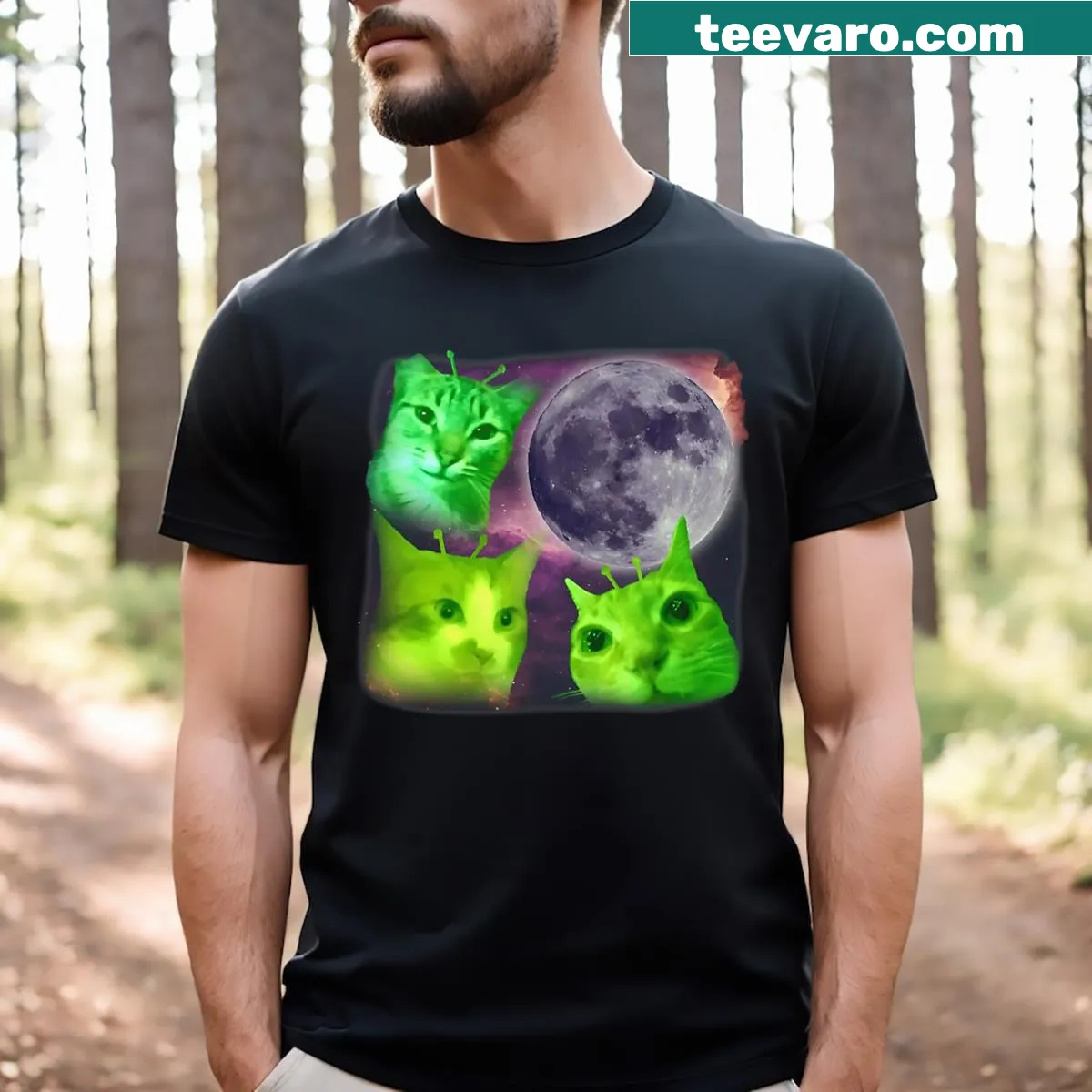 Three humorous alien cats with funny phrases on T-shirt