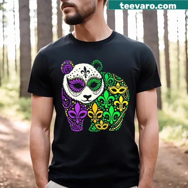 Funny panda design celebrating Mardi Gras with festive elements.
