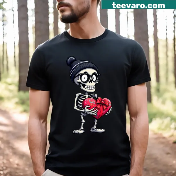 Funny Valentine's Day T-shirt with skeleton and heart design