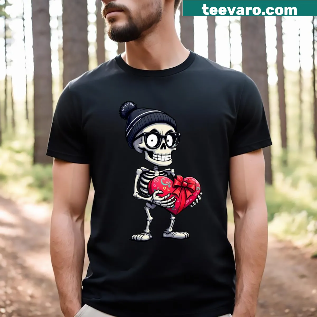 Funny Valentine's Day T-shirt with skeleton and heart design